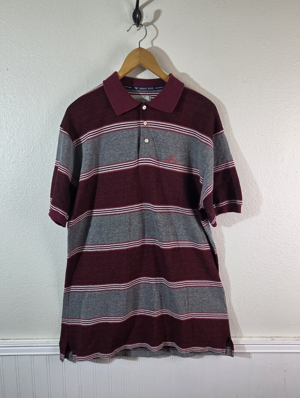 Armani Jeans Y2k Men’s Polo Shirt Burgundy Gray Striped Short Sleeve Italy L